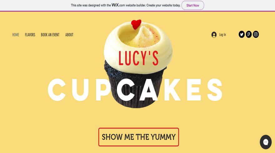 lucys-cupcakes-wix-free-website-builder-small Free Wix demo site homepage featuring a yellow background and cupcake image with "Lucy's Cupcakes" over the top