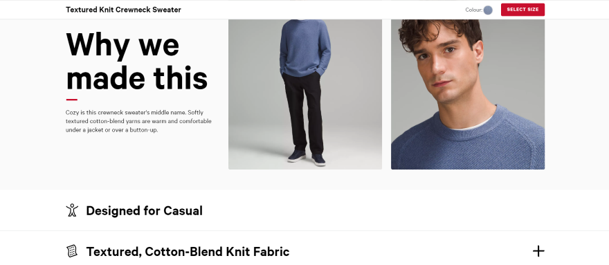 Lulu Lemon Great Product Listing Screenshot of a Lulu Lemon product page featuring why they made the blue jumper and bullet pointing its key qualities