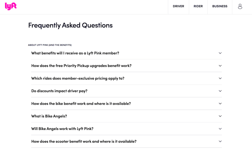 Lyft FAQ page example screenshot Lyft FAQ page example screenshot