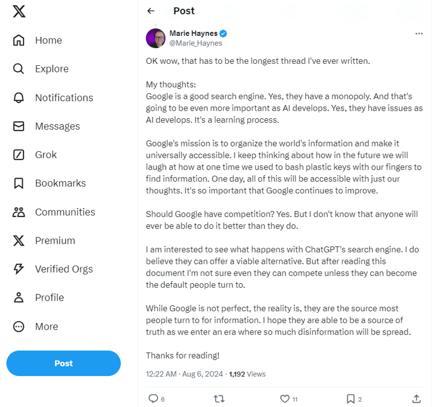 Marie Haynes X thread Marie Haynes X thread about Google and DOJ illegal monopoly case