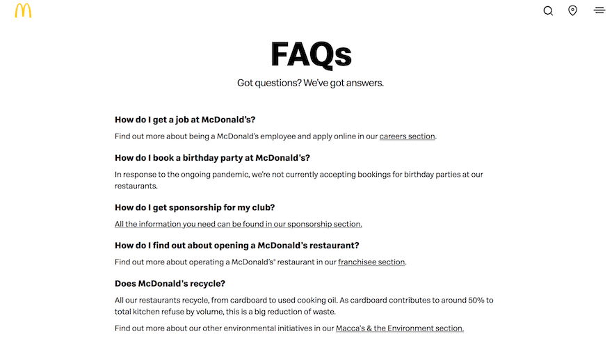 McDonalds FAQ page example screenshot McDonalds FAQ page example screenshot