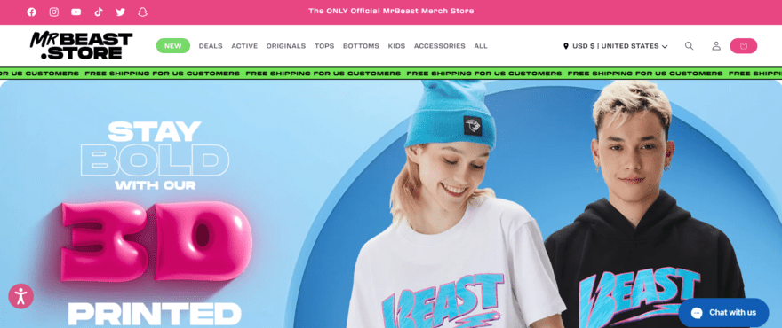 MrBeast MrBeast website homepage showing apparel products