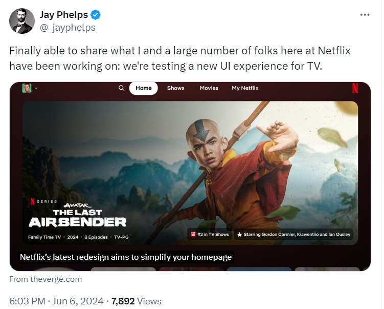 Netflix redesign twitter Tweet by Jay Phelps showing a link to an article from The Verge about Netflix's redesign