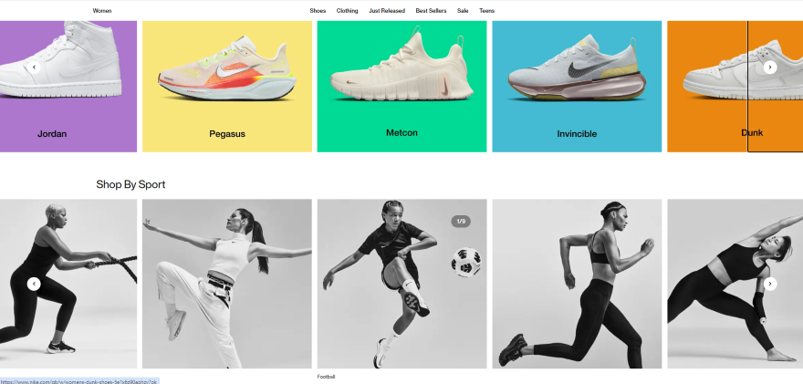 Nike Website Logo Example Screenshot of Nike's homepage showcasing Nike trainers and photos of models wearing Nike sportswear