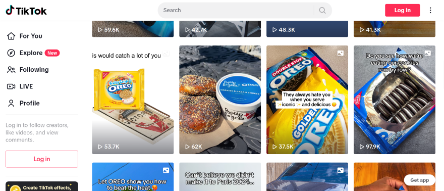 Oreo Meme Marketing TikTok Screenshot of the Oreo TikTok page with thumbnails of their short form photo and video content