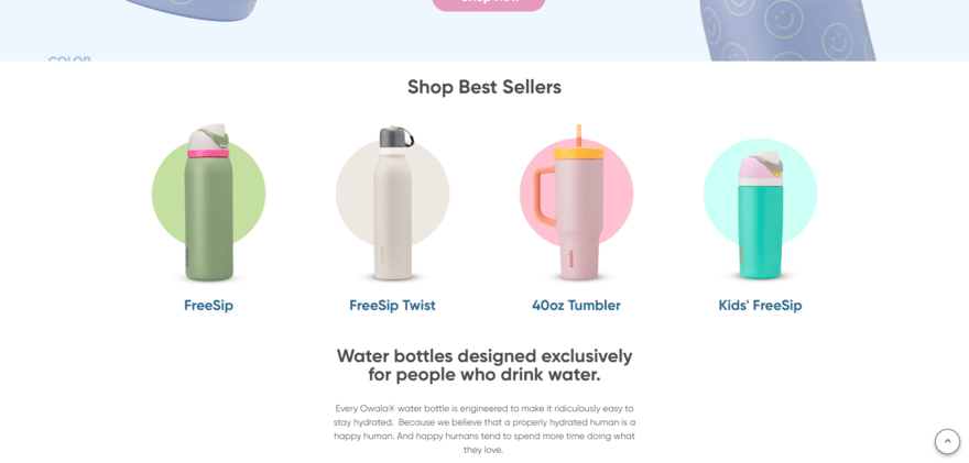 Owala bottles Owala homepage presenting its four best selling reusable water bottles