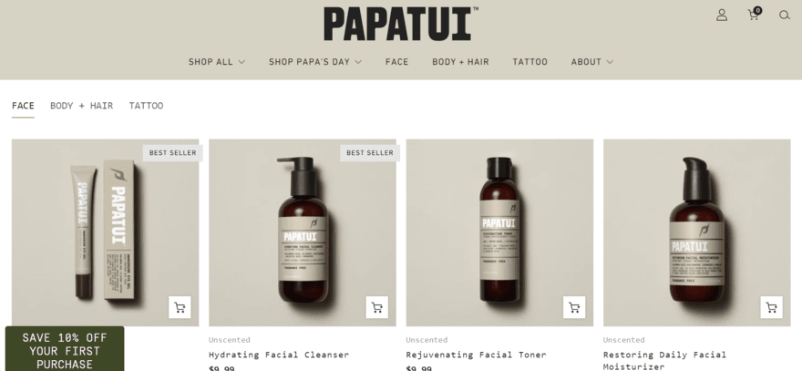 Papatui Papatui website homepage showing a line of product photos of men's skincare and grooming products