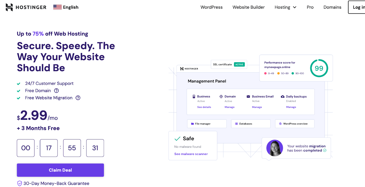 Hostinger Hostinger web hosting promotional banner offering up to 75% off with features like 24/7 customer support, free domain, website migration, and a special price of $2.99 per month with 3 months free.