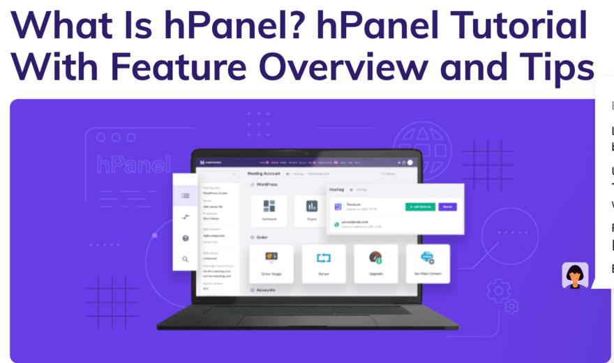 hPanel The image features a laptop displaying the hPanel management interface, with a title "What Is hPanel? hPanel Tutorial With Feature Overview and Tips".