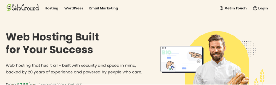 SiteGround SiteGround web hosting service banner with the message "Web Hosting Built for Your Success," featuring a man with a laptop and icons representing the website's features and security.