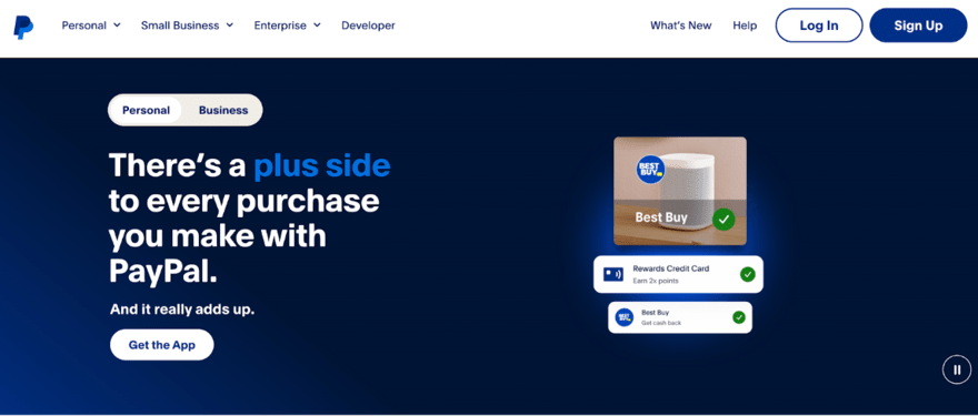 PayPal Webpage header from PayPal promoting benefits of using their service with a slogan, option to download the app, and an illustration of a rewards credit card from Best Buy.