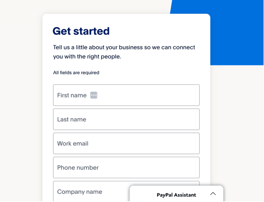 PayPal setting up Online form titled "Get started" asking for personal and business information to connect with PayPal, including fields for name, email, phone, and company name.