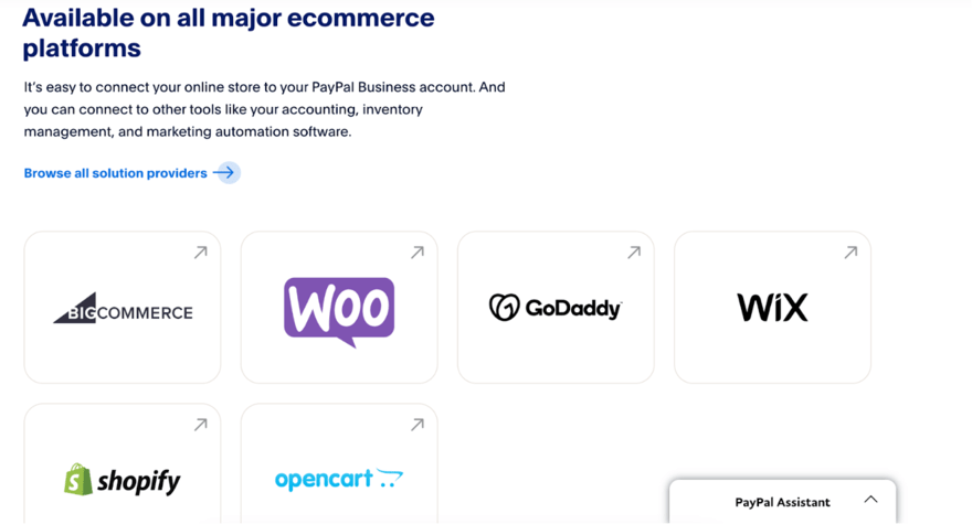 PayPal integration Section of a website stating PayPal's availability on major e-commerce platforms, with logos for BigCommerce, WooCommerce, GoDaddy, Wix, Shopify, and OpenCart.