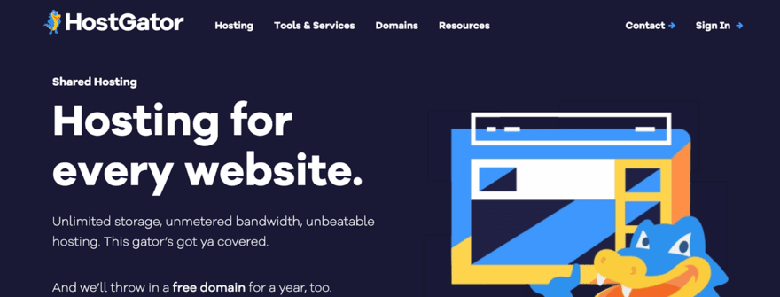 HostGator HostGator homepage banner featuring "Hosting for every website" with unlimited storage and bandwidth, and a cartoon alligator peeking from behind a browser window.