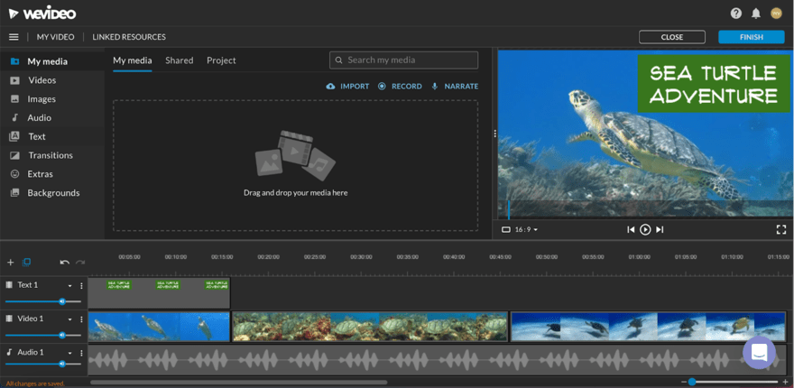 WeVideo Screenshot of the WeVideo editing interface displaying a project titled 'Sea Turtle Adventure' with a preview window and a timeline containing video and audio tracks.