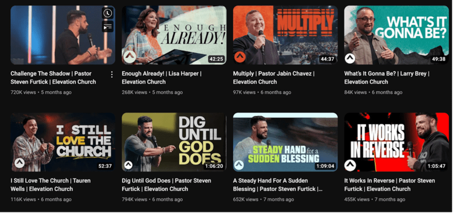 Elevation Church Collection of Elevation Church YouTube video thumbnails featuring sermons by Pastor Steven Furtick, Lisa Harper, Jabin Chavez, and Larry Brey with various inspirational titles.