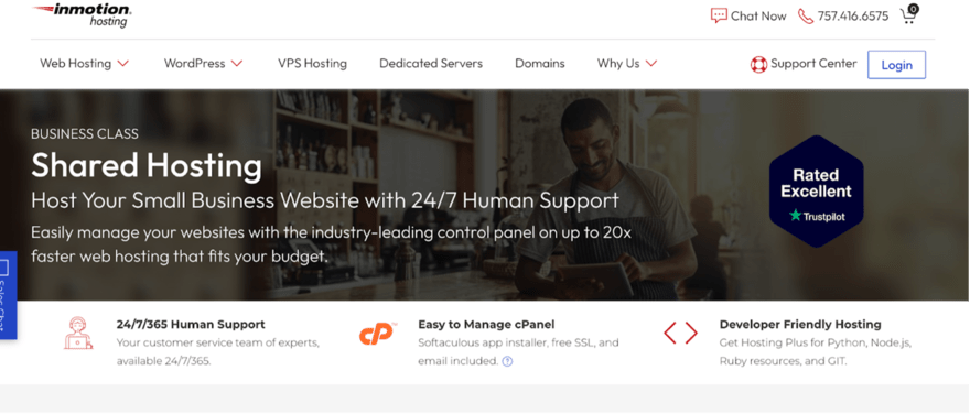 InMotion InMotion Hosting banner for Business Class Shared Hosting, highlighting 24/7 human support, cPanel management, and developer-friendly hosting with a 'Rated Excellent' badge.