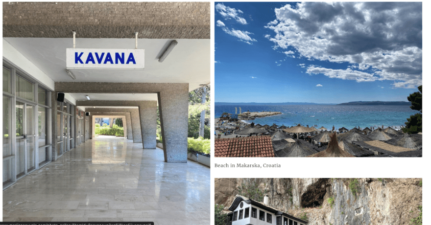 Holiday pictures A collage of three images: a corridor with a "KAVANA" sign, a crowded beach under a cloud-filled sky, and a house perched near a cliff.