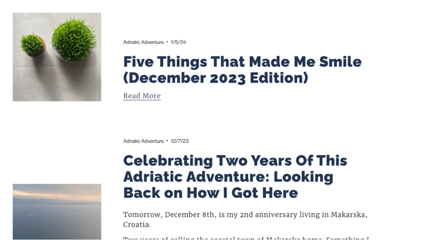Blog titles Two potted grass plants on a grey background next to blog titles about life adventures and reflections.
