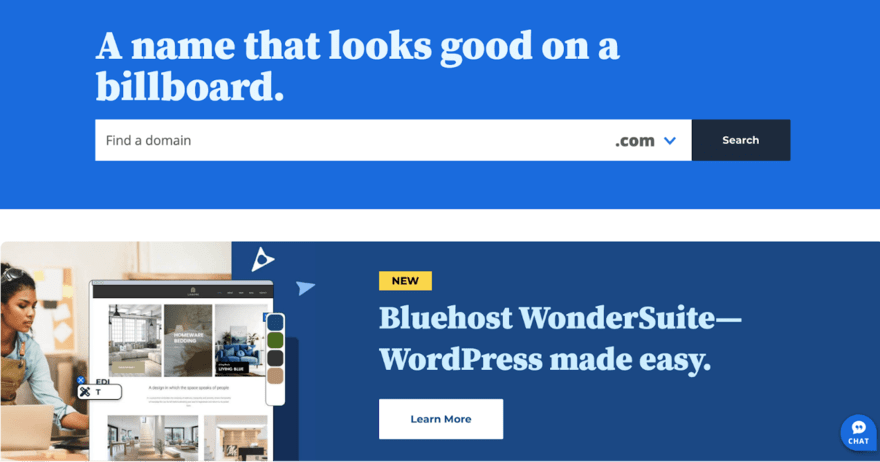 Bluehost homepage Bluehost web hosting service homepage featuring a domain search bar and advertising their new product, Bluehost WonderSuite, with a tagline 'WordPress made easy.'