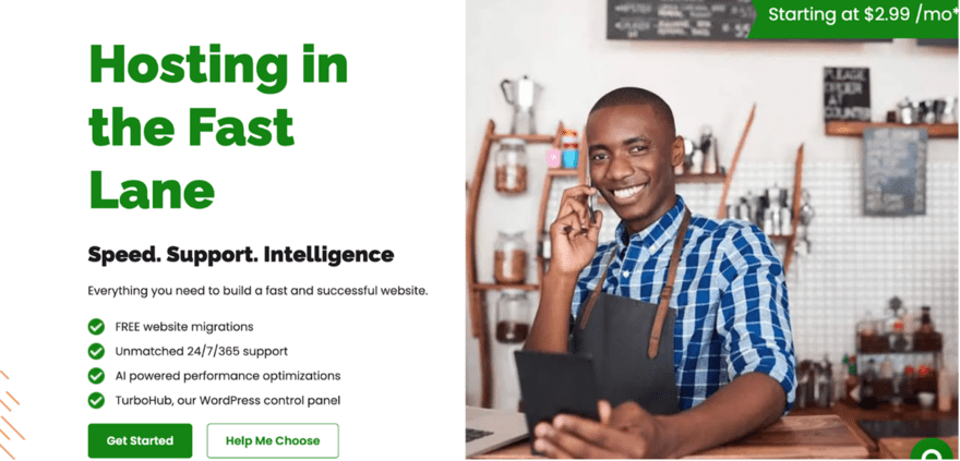 A2 Hosting Web hosting promotional banner featuring "Hosting in the Fast Lane" with a smiling person holding a tablet and talking on the phone in a cafe setting, pricing starting at $2.99/month.