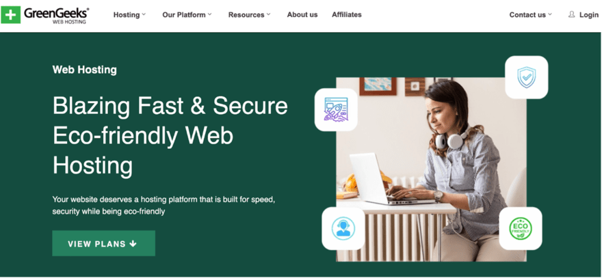 GreenGeeks GreenGeeks web hosting banner with the slogan "Blazing Fast & Secure Eco-friendly Web Hosting," featuring a woman working on a laptop and icons for security and eco-friendliness.