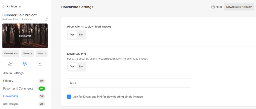 Pixpa image download settings