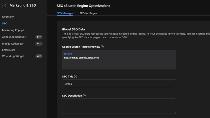 Pixpa SEO settings Pixpa's SEO website settings