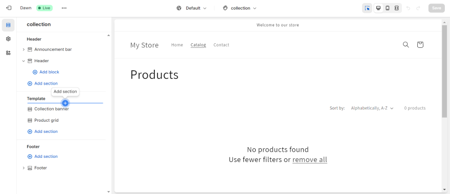 Product Page Shopify Screenshot of an online store's collection page showing an empty products section with a message to use fewer filters or remove them.