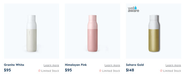 product scarcity Larq website example ecommerce best practice - product scarcity