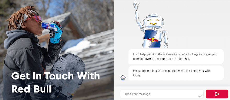 Red Bull contact us page screenshot Red Bull chatbot contact page