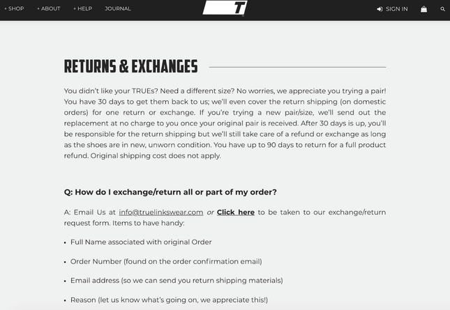 returns policy True Linkswear example ecommerce best practice - return policy