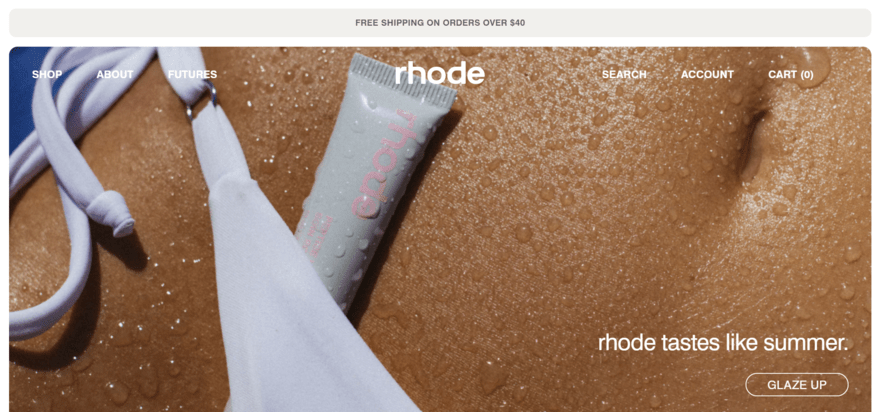 rhode skin Rhode skin website, featuring a large image of a lip product tucked into bikini bottoms
