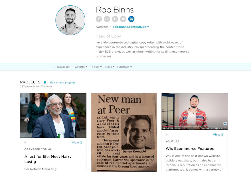 Rob Binns Contently profile portfolio website type example Rob Binns Contently profile portfolio website type example