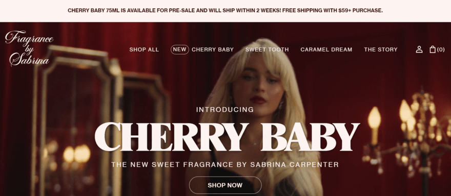 Sabrina Carpenter Shopify website Fragrance by Sabrina Shopify website homepage