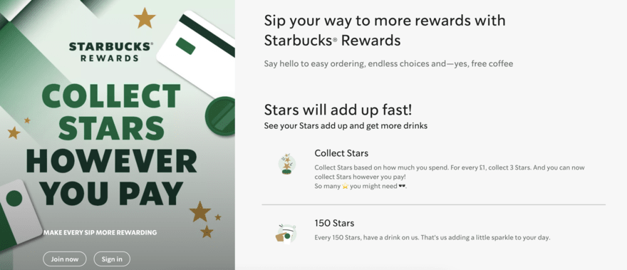 Starbucks Starbucks rewards image on left with text info on collecting rewards on the right