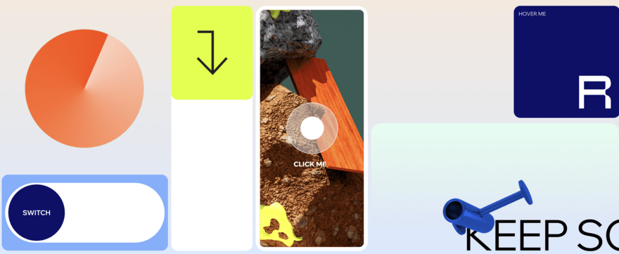 CSS A collage of interactive web elements, including a pie chart, a download icon, and various buttons like "SWITCH," encouraging user interaction with playful calls to action.