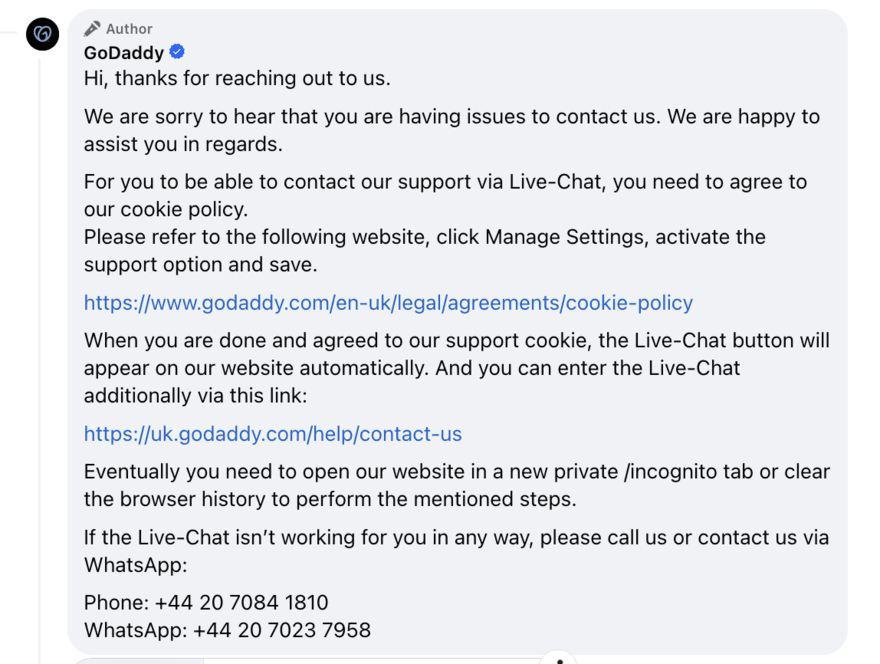 GoDaddy social media support GoDaddy social media support response
