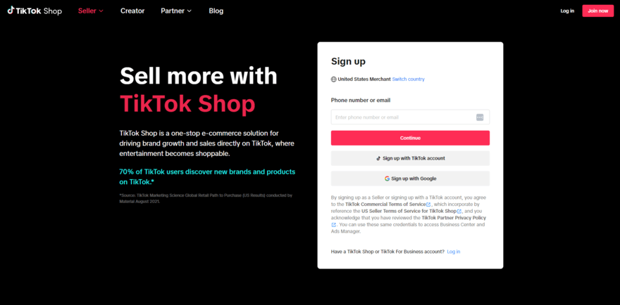 TikTok Shop setup TikTok Shop account setup page