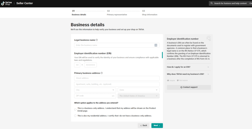 TikTok Shop setup screenshot from the TikTok Shop setup page
