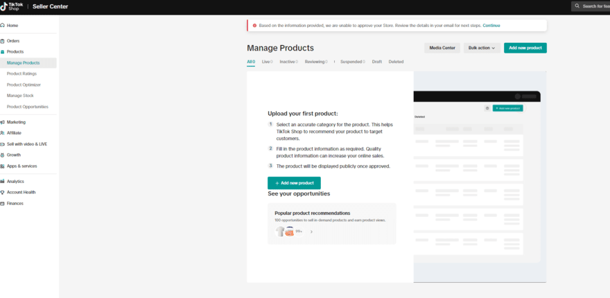 TikTok Shop products TikTok Shop dashboard page manage your products