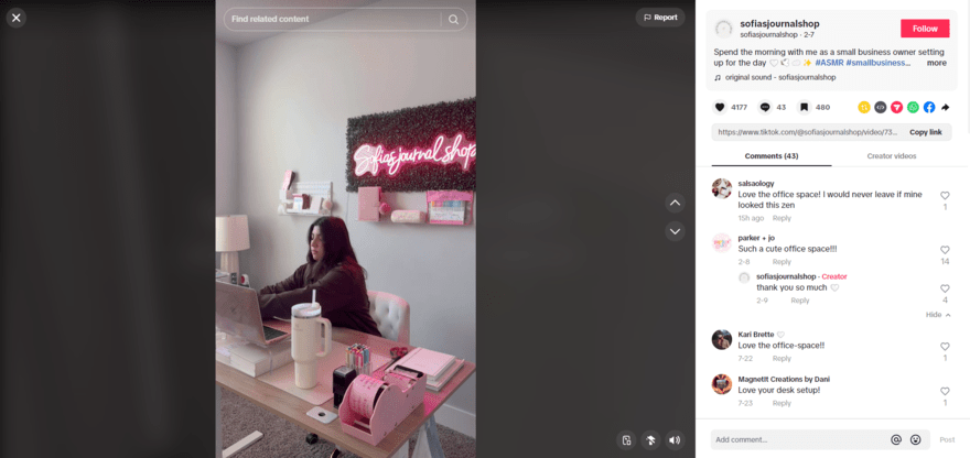 TikTok Shop Screenshot of a TikTok video called a day in the life of a small business owner with the video comments shown on the side