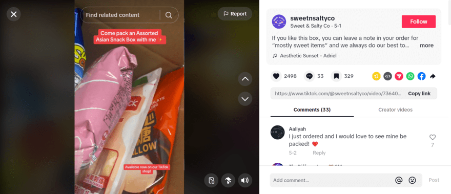 TikTok Shop A TikTok shop seller packing an order on a video with interactive comments on the right