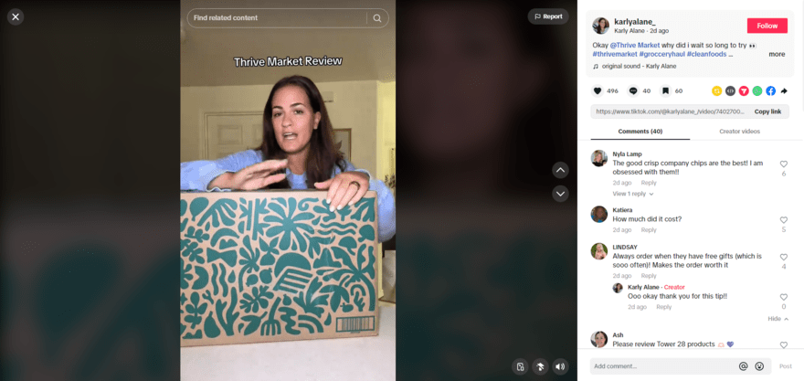 TikTok Shop Screenshot of a TikTok video review of Thrive Market by a micro influencer