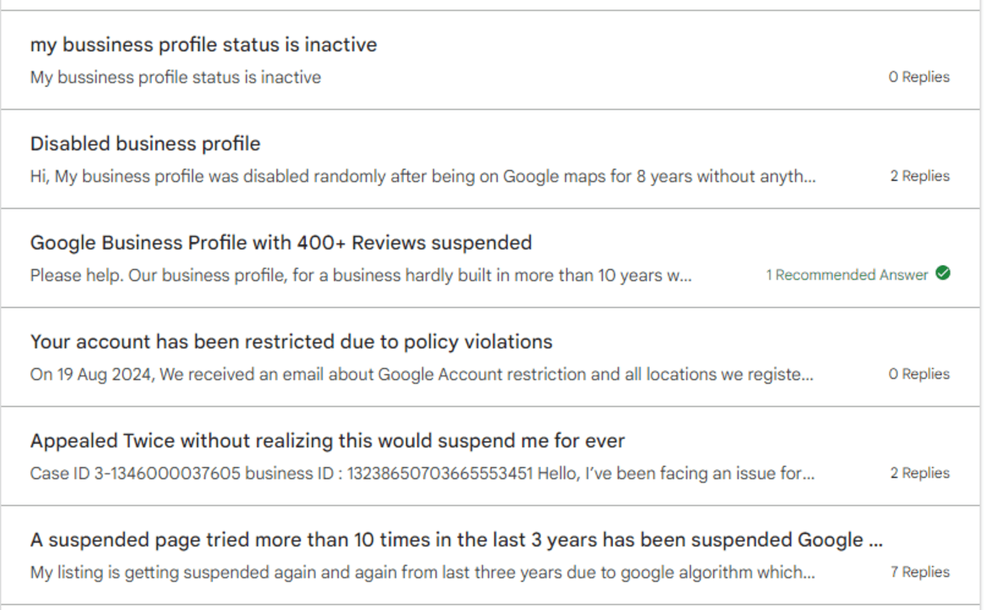 GBP community forum posts 6 posts seeking help on the google business profile community forum