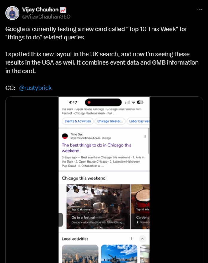 Screenshot 2024-10-28 143606 X post about a anew feature called top 10 this week on google travel quieries