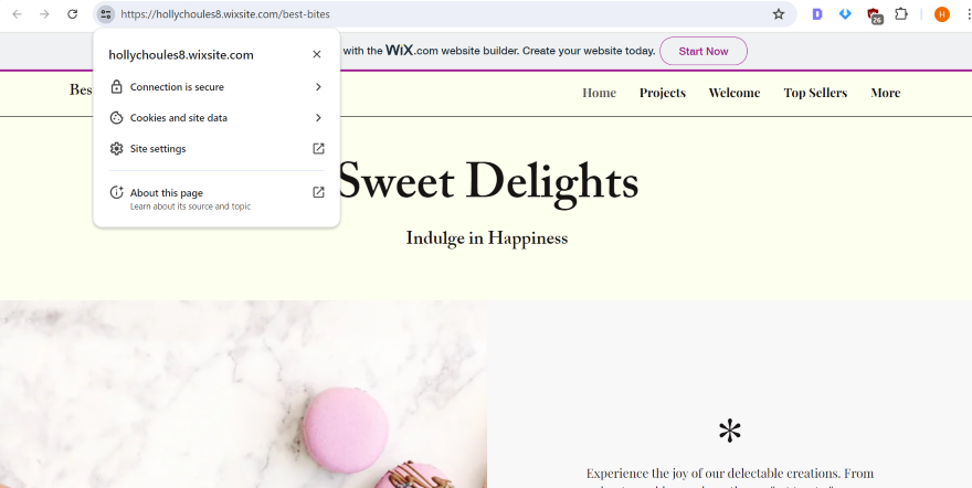 Secure Wix Website SEO Review A secure website indicator with an HTTPS lock icon, ensuring safe browsing on "Sweet Delights" website.