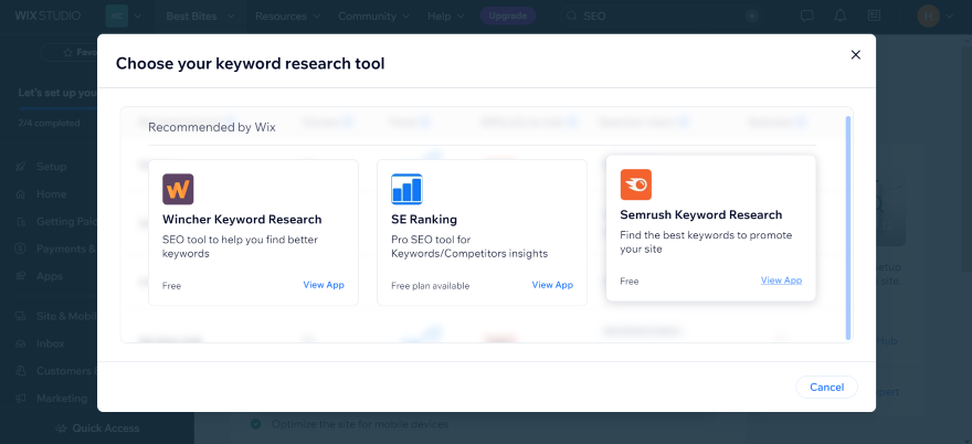 Semrush Integration Wix SEO Review Screen capture of the Wix dashboard showing a selection of keyword research tools including Wincher, SE Ranking, and Semrush.