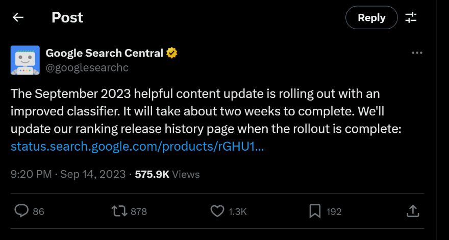September 2023 Helpful Content Improved Classifier Screenshot of a tweet from Google Search Console talking about an improved classifier for the September 2023 helpful content update