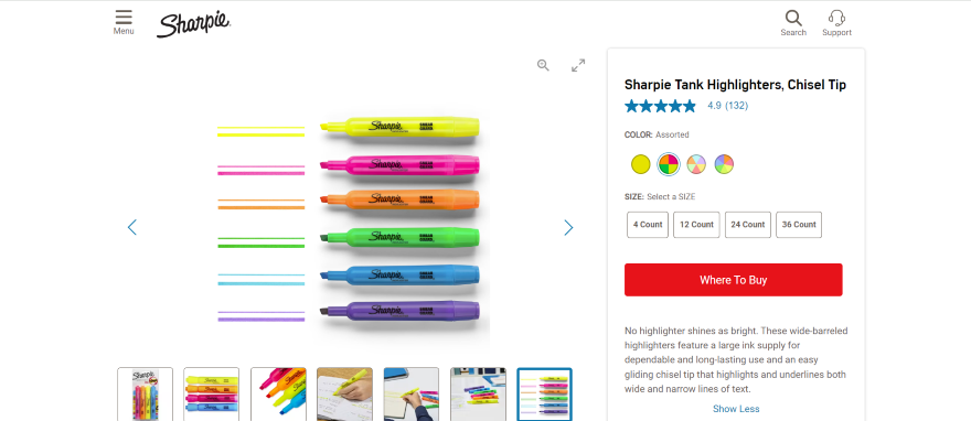 Sharpie Product Photography Examples Screenshot of a product page for coloured Sharpies with various product photos